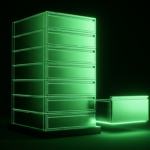 Monochrome green illustration of stacked server drawers with one drawer pulled slightly apart