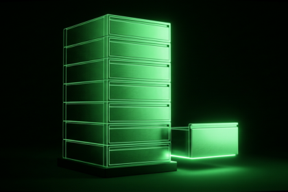 Monochrome green illustration of stacked server drawers with one drawer pulled slightly apart