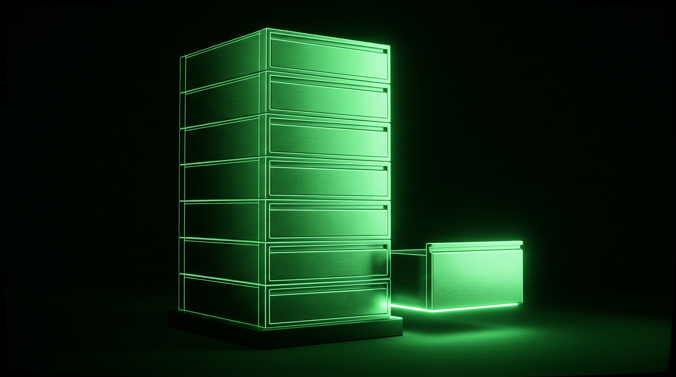 Monochrome green illustration of stacked server drawers with one drawer pulled slightly apart