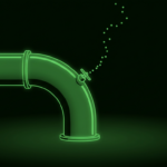Monochrome green illustration of a pipe elbow with dots escaping from an open valve