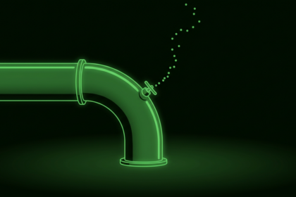 Monochrome green illustration of a pipe elbow with dots escaping from an open valve