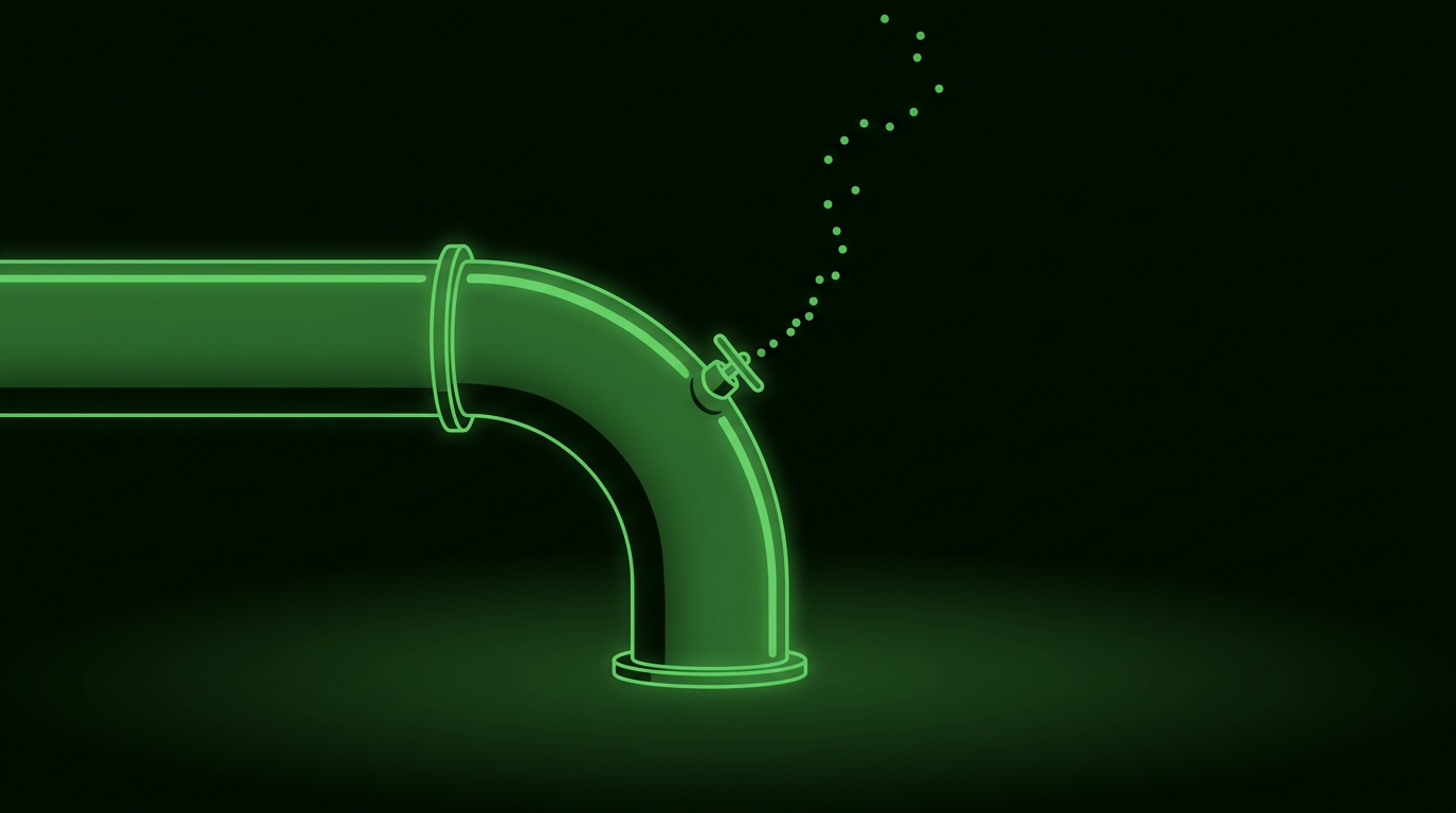 Monochrome green illustration of a pipe elbow with dots escaping from an open valve