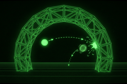 Monochrome green illustration of a truss gateway arch with one token passing and another rejected