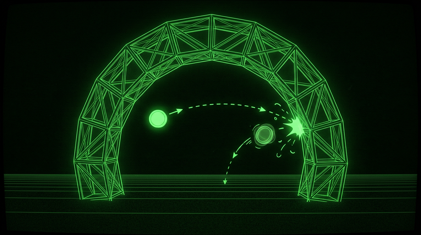 Monochrome green illustration of a truss gateway arch with one token passing and another rejected