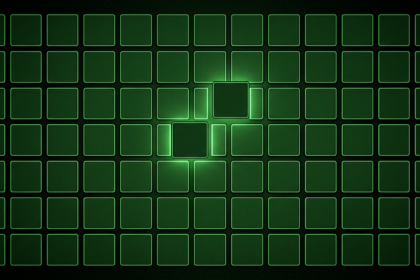 Monochrome green illustration of a tile grid with two tiles misaligned and light leaking through