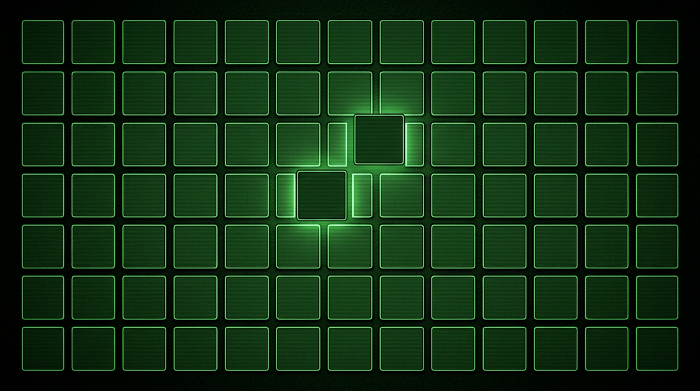 Monochrome green illustration of a tile grid with two tiles misaligned and light leaking through