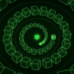 Monochrome green illustration of a glowing cube inside a tightening spiral of identical cubes