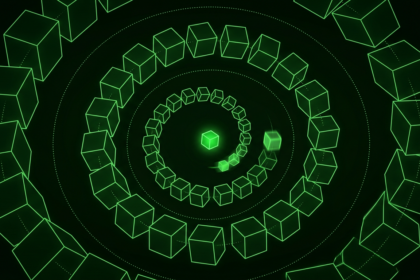 Monochrome green illustration of a glowing cube inside a tightening spiral of identical cubes