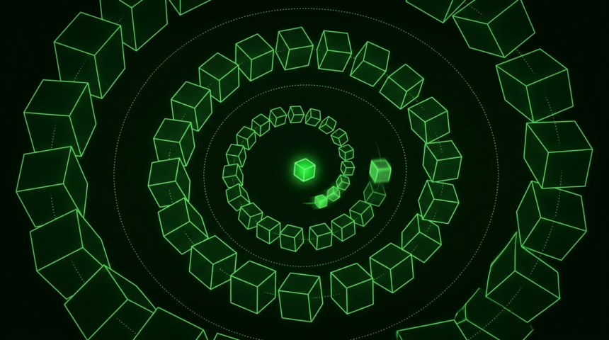 Monochrome green illustration of a glowing cube inside a tightening spiral of identical cubes