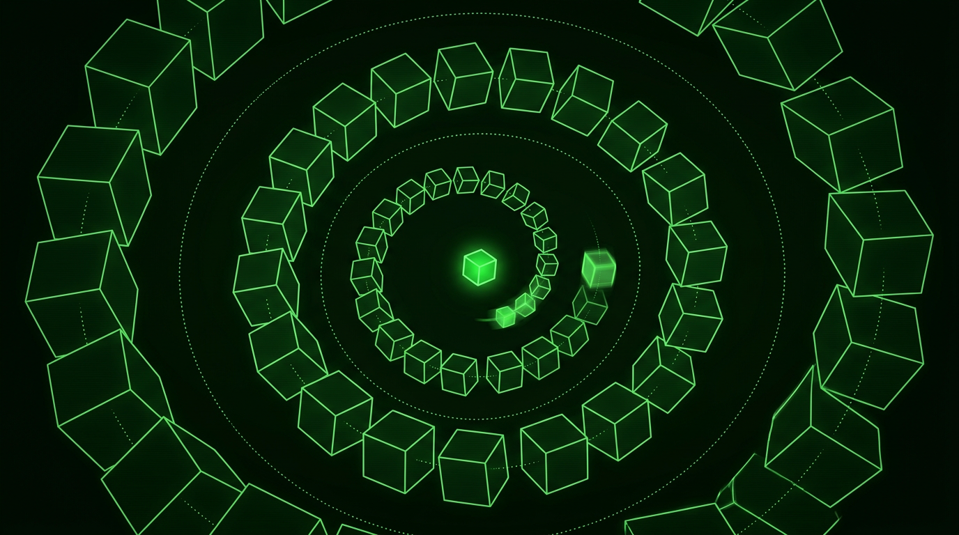 Monochrome green illustration of a glowing cube inside a tightening spiral of identical cubes