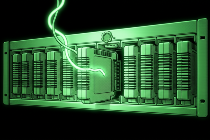 A rack of modular plugin cartridges with one being swapped out