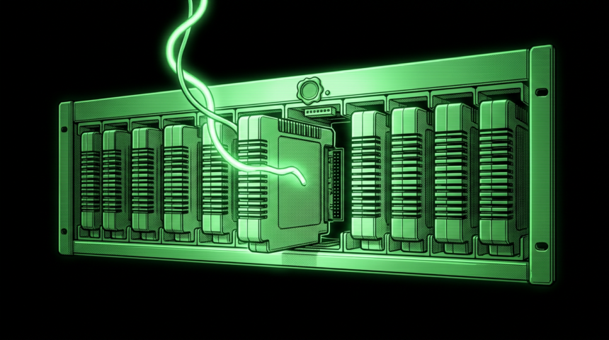 A rack of modular plugin cartridges with one being swapped out