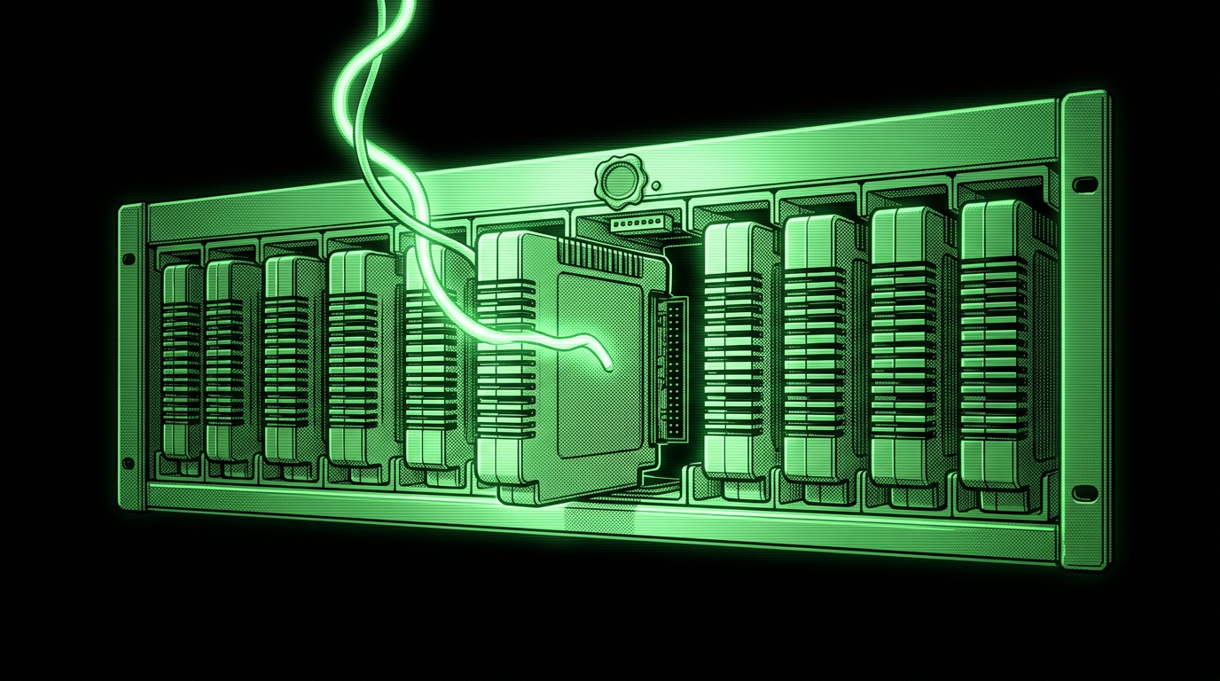 A rack of modular plugin cartridges with one being swapped out