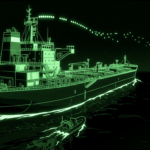 A crude oil supertanker at sea with broken signal pulses