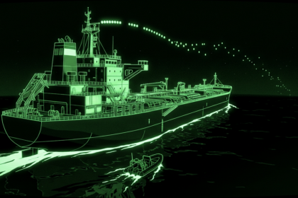 A crude oil supertanker at sea with broken signal pulses