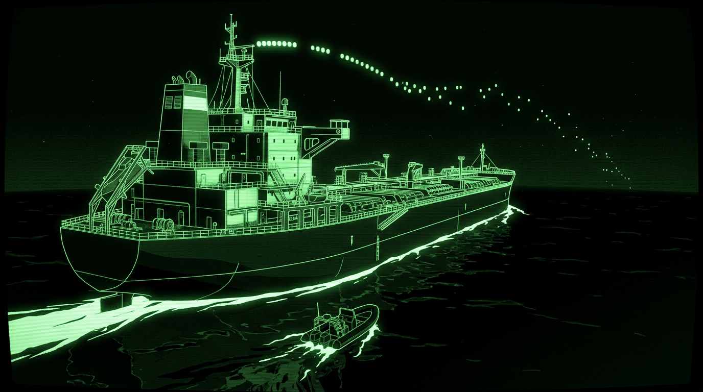A crude oil supertanker at sea with broken signal pulses