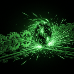 Chained gear nodes on a rail with one spiked wheel spinning