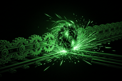 Chained gear nodes on a rail with one spiked wheel spinning