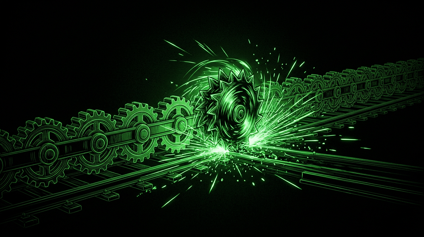 Chained gear nodes on a rail with one spiked wheel spinning