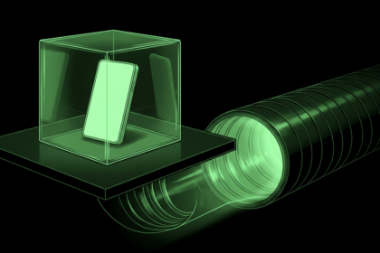 A mobile device sealed in a glass cube with an escape tunnel