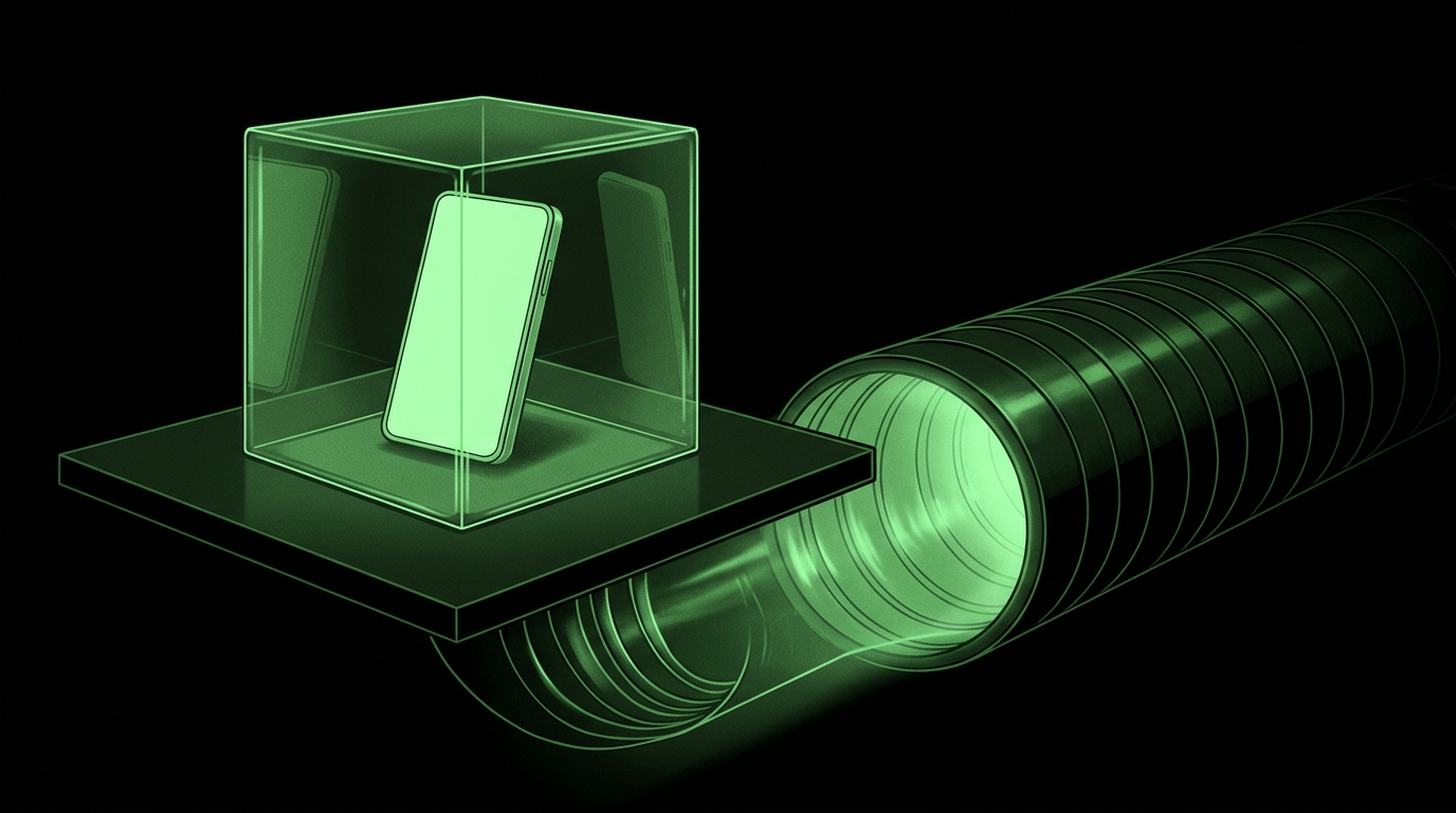 A mobile device sealed in a glass cube with an escape tunnel