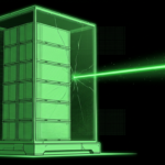 Container blocks inside a cracked glass terrarium with a light beam