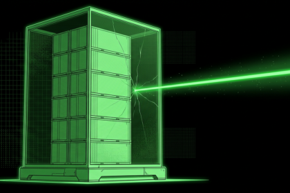 Container blocks inside a cracked glass terrarium with a light beam