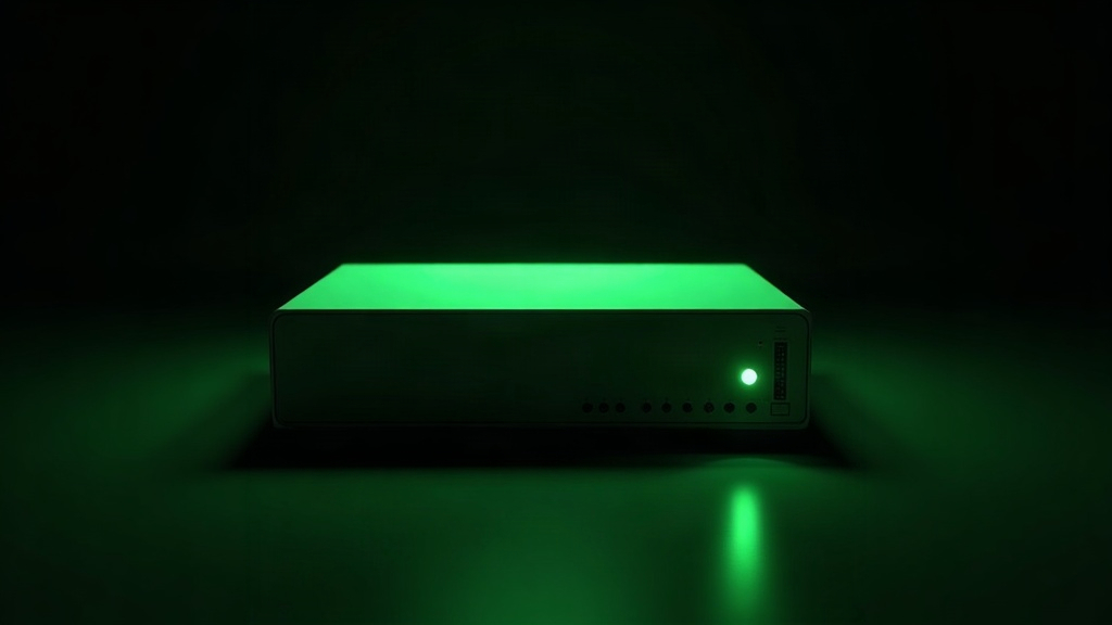 A single blank Zyxel-style network switch glowing green in the dark