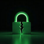 A single large green padlock with its body cracked open in the dark