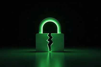 A single large green padlock with its body cracked open in the dark