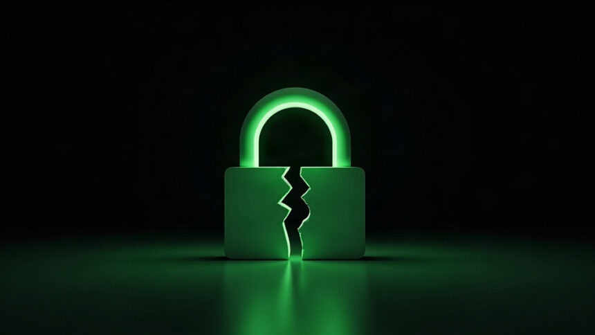 A single large green padlock with its body cracked open in the dark