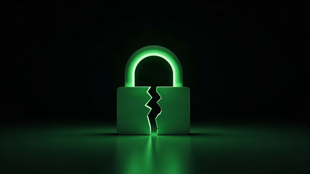 A single large green padlock with its body cracked open in the dark