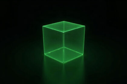 A single hollow green wireframe cube floating in a black void