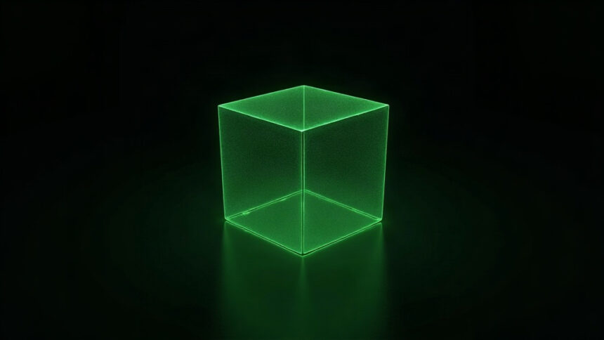 A single hollow green wireframe cube floating in a black void
