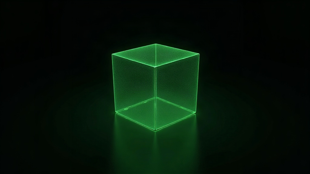 A single hollow green wireframe cube floating in a black void