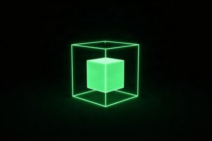 A solid green cube suspended inside a larger hollow green wireframe cube