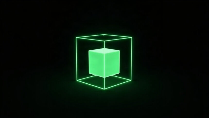A solid green cube suspended inside a larger hollow green wireframe cube