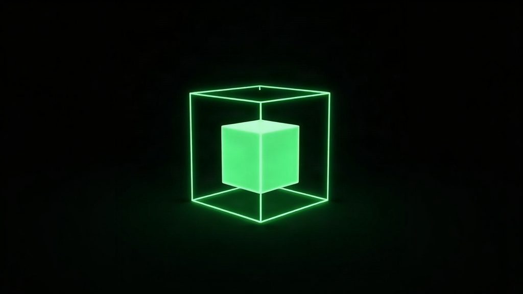 A solid green cube suspended inside a larger hollow green wireframe cube