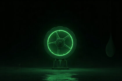 A single green industrial valve wheel beside a suspended droplet