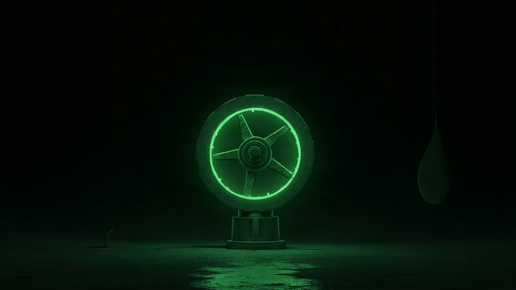 A single green industrial valve wheel beside a suspended droplet