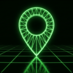 Green wireframe map pin on a dark grid