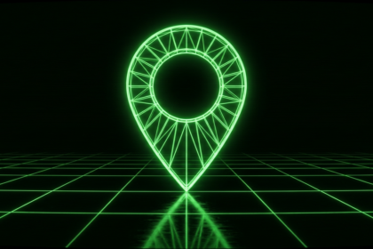 Green wireframe map pin on a dark grid