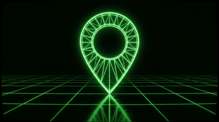 Green wireframe map pin on a dark grid