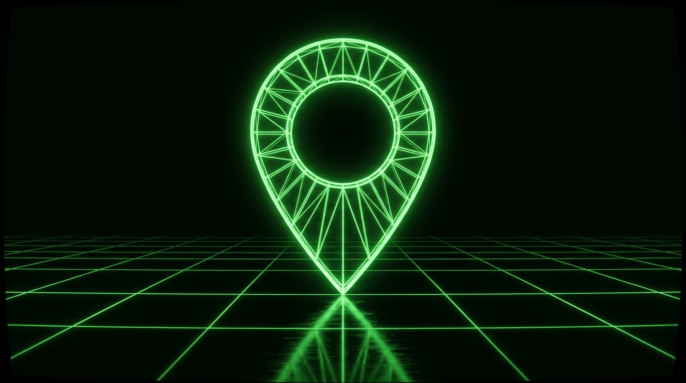 Green wireframe map pin on a dark grid