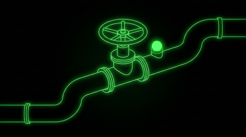 Green wireframe water valve and pipe assembly