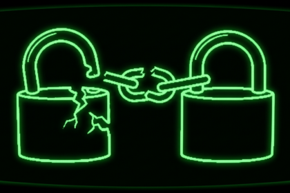 Two green wireframe padlocks joined by a snapped chain
