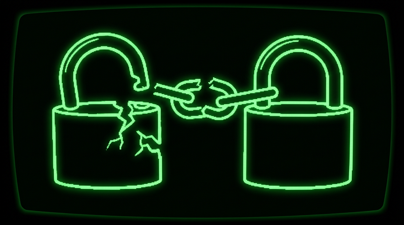 Two green wireframe padlocks joined by a snapped chain