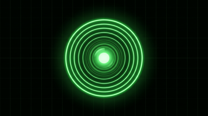 Glowing green concentric rings forming a webcam lens