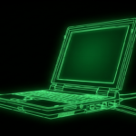 Green outline of an open laptop with blank screen