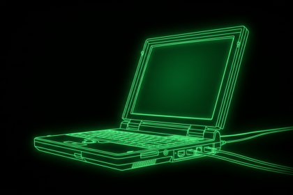 Green outline of an open laptop with blank screen